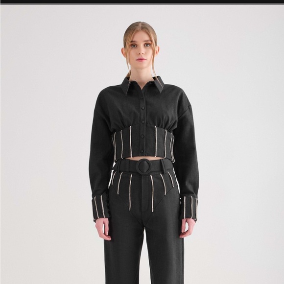 FILKK. ANTHRACITE HERRINGBONE RHINESTONE CORSET CROPPED JACKET - Picture 2 of 9